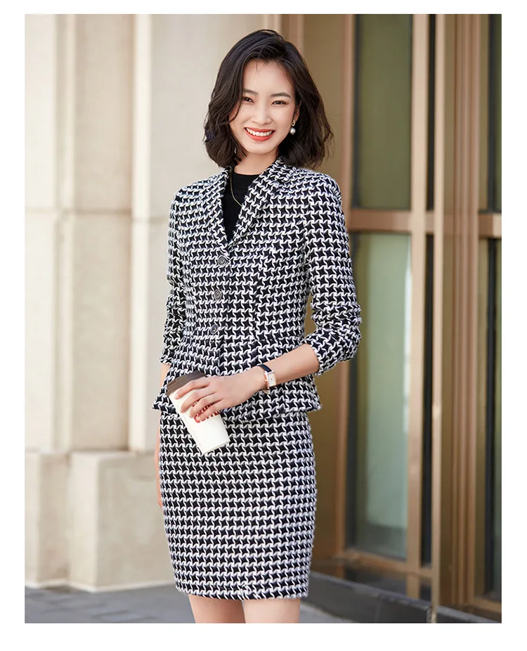 

New long sleeve tweed plaid coat and skirt two piece suit and skirt set professional women's clothing formal Skirt Set plaid