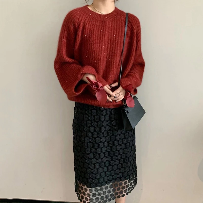 

[EAM] Bow Decoration Knitting Sweater Loose Round Neck Long Sleeve Women Pullovers New Fashion Tide Autumn Winter 2021 1DD3806