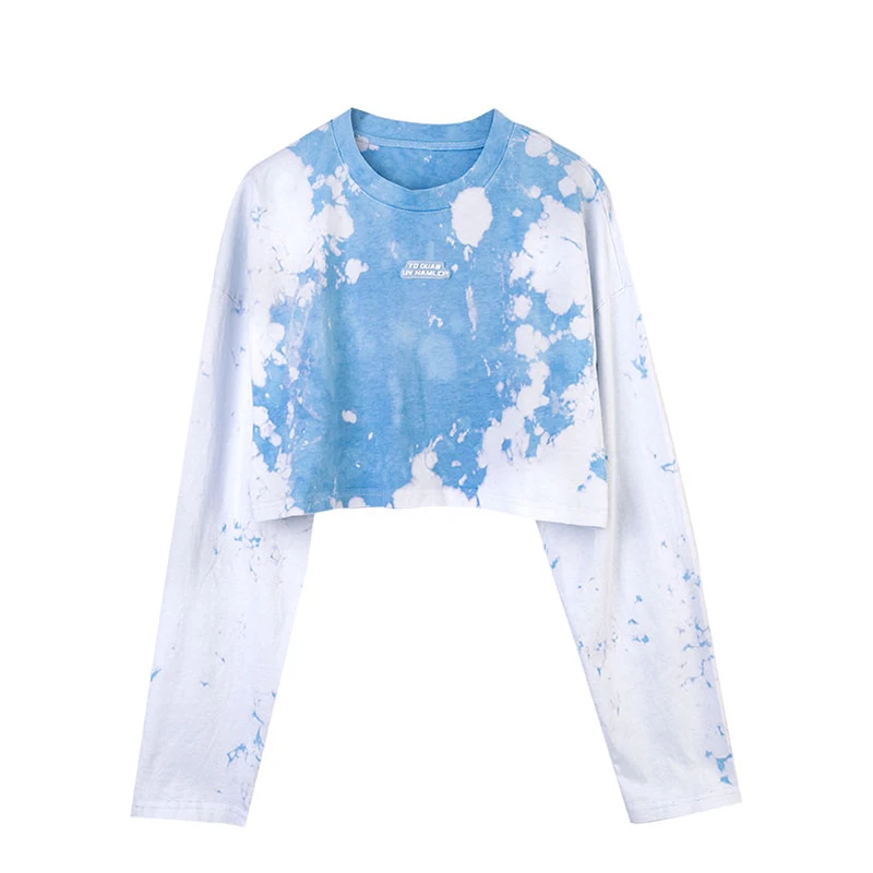 

XITAO Tie Dye Casual Short T Shirt Women Tide Fashion New Hongkong Style O Neck Collar Long Sleeve Pullover Match All Top ZY5527