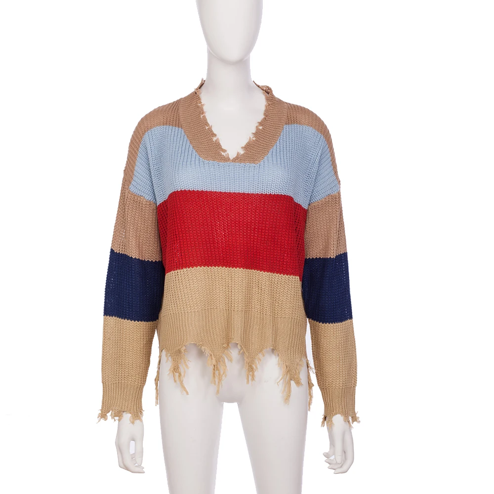 Женский свободный свитер с длинными рукавами и v-образным вырезом кисточками