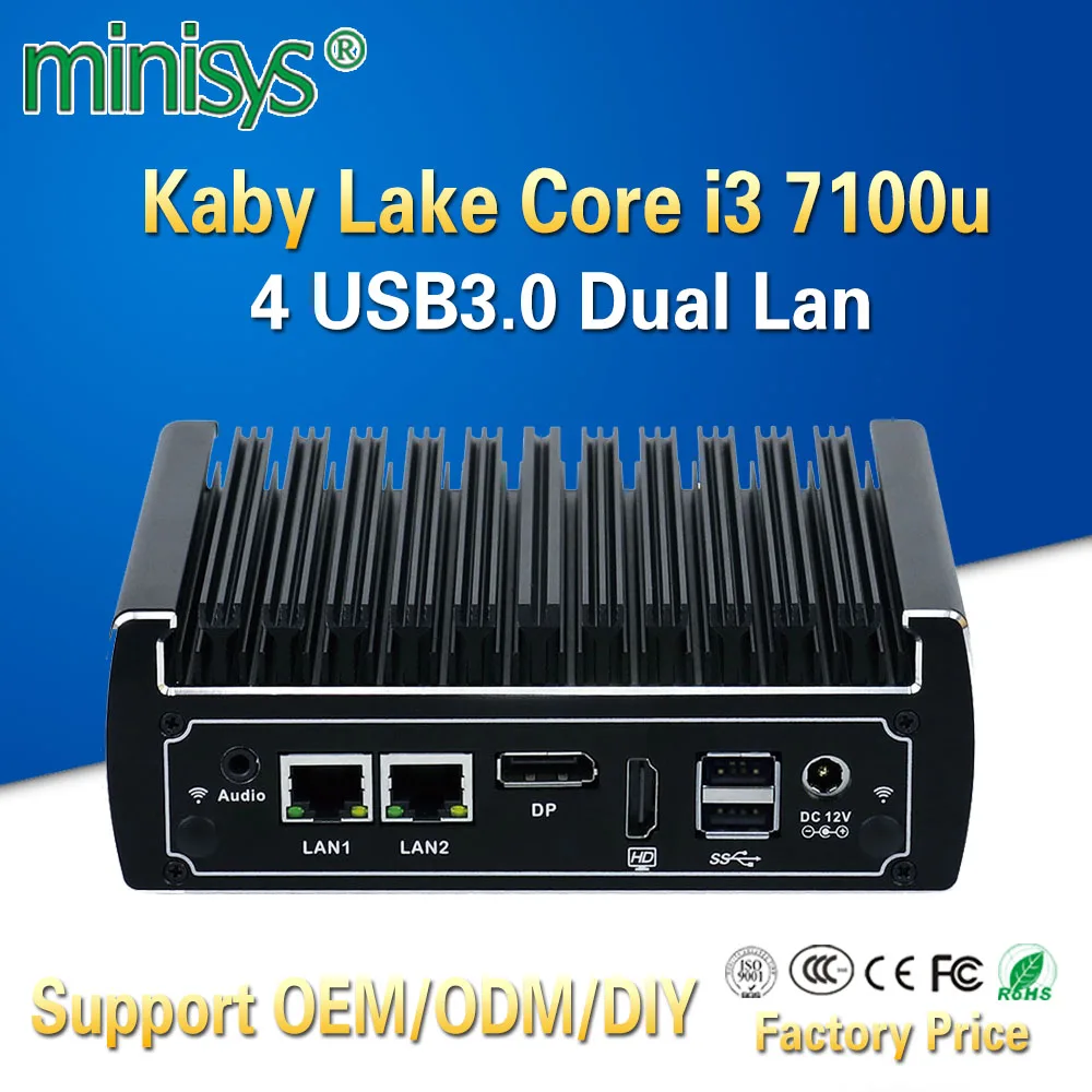 Мини-ПК Minisys без вентилятора intel core i3 7100u cpu dual ethernet lan nano itx настольный компьютер Поддержка M.2 порт 6 USB3.0 2 COM 12 В
