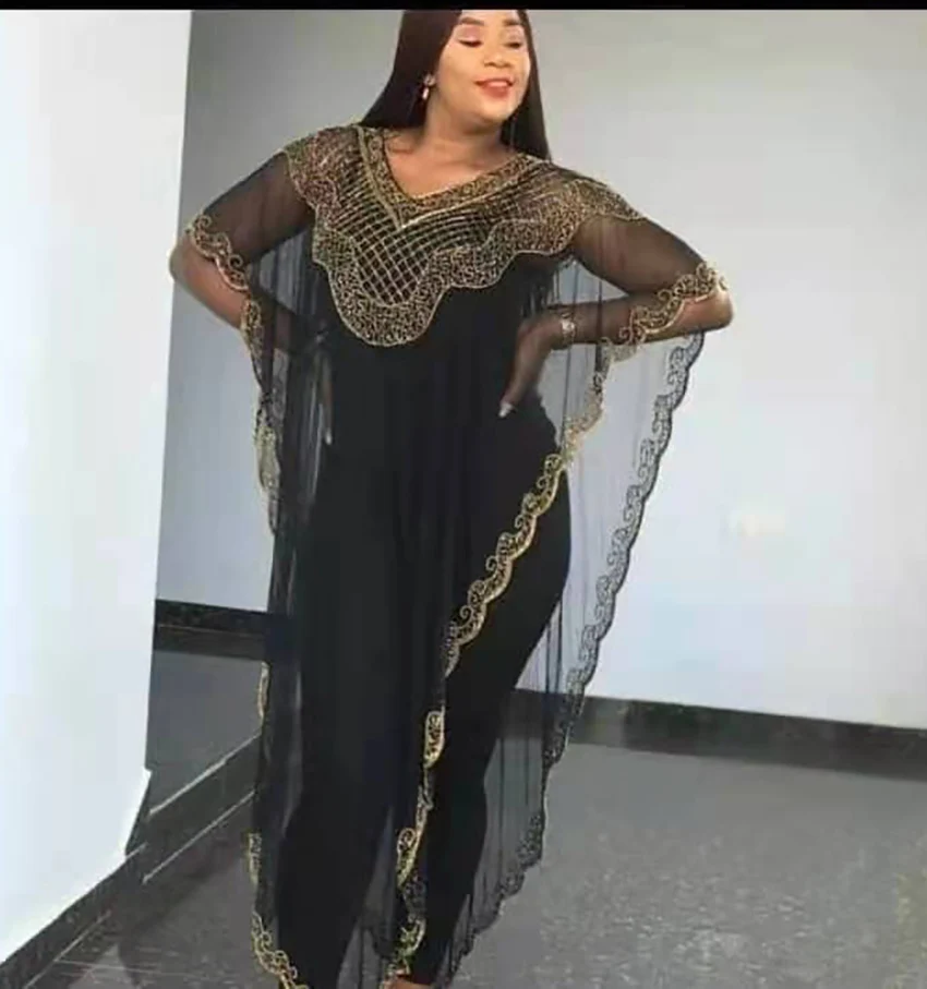 

New Style African Women's Fashion Dashiki Abaya Stylish Chiffon Fabric Hot Drilling Loose Versatile Dress Free Size Single Pie