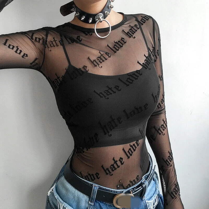 

Sexy Gothic Punk Women Mesh T-Shirts See-through Perspective Letter Print Long Sleeve Tops Casual Slim T-Shirt Top Girls Outwear