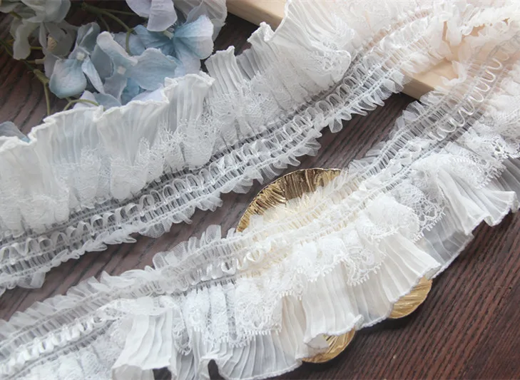 

2yards/lot 8cm wide 2layer pleated lace headdress wedding dress with elastic lace accessories X1121