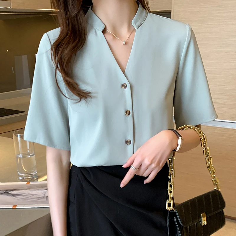 

2021 Summer New Real Wear Exposed Collarbone V-neck Design Short-Sleeve Shirt Gray-Blue Fashion Fresh Women's