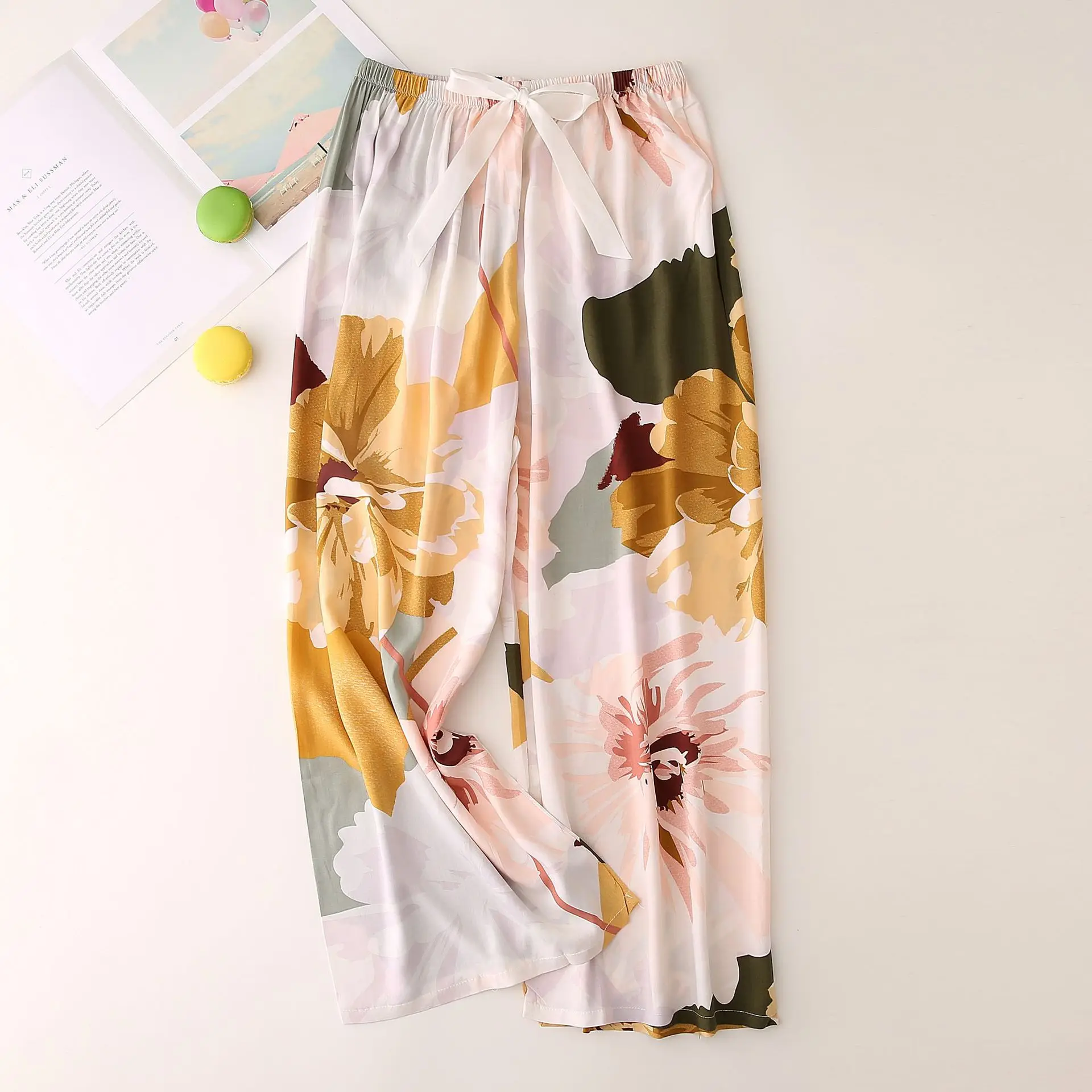 New Fashion Sleep Bottoms for Women Viscose Print Loose Sleepwear Elastic Waist Pajama Pants Cotton Printing Costume with Flower