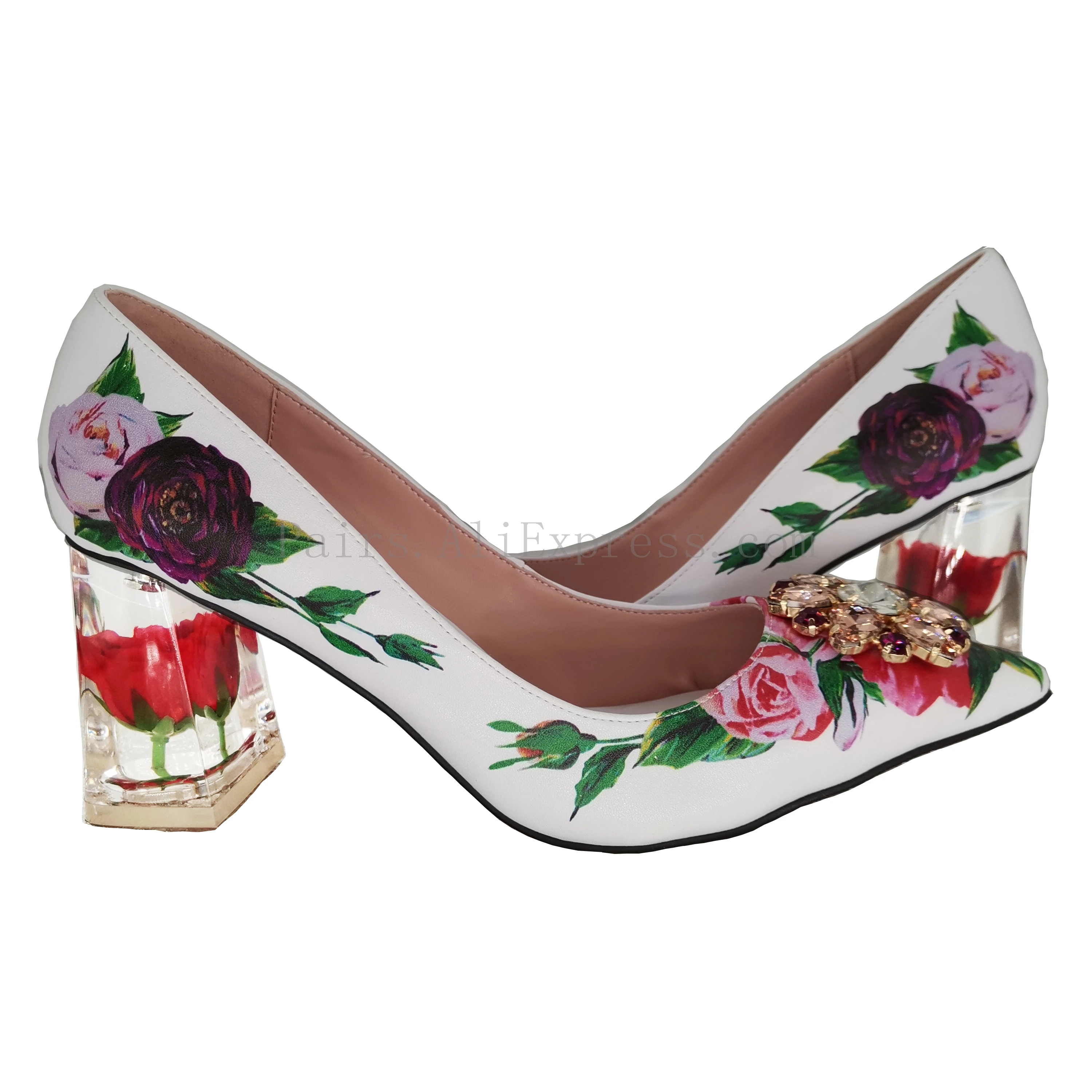 

Clear Crsystal Heels Women 3D Print Flower on Genuine Leather Pumps Female Pointed Toe Diamond Shoes Woman Party Shoes Plus Size