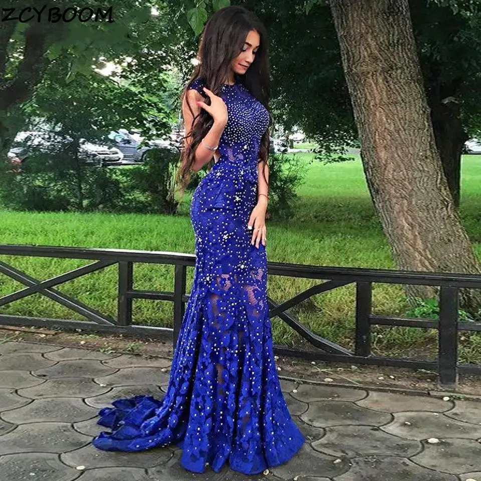 

2021 Evening Dress Women Formal Party Night Mermaid Vestidos De Gala Crystal Sequins Lace Royal Blue Backless Long Prom Gowns