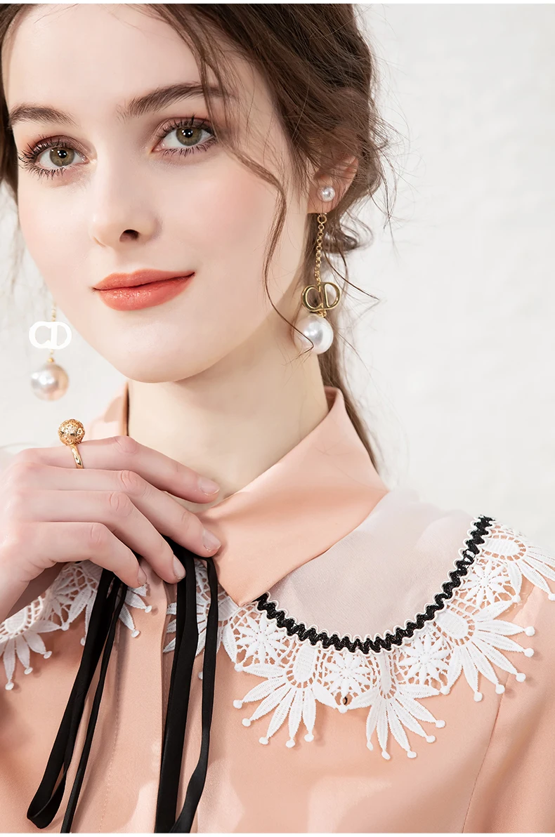 

100% Silk Women's Shirt Peter Pan Collar Long Sleeves Lace Up Fashion Casual Blouse Camisa Tops