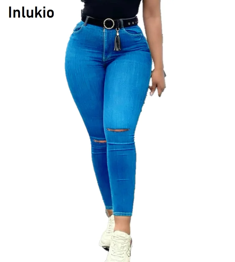 

Spring women's high waist jeans womens hip up skinny broken blue pants ladies street cool slim denim trousers female clothes