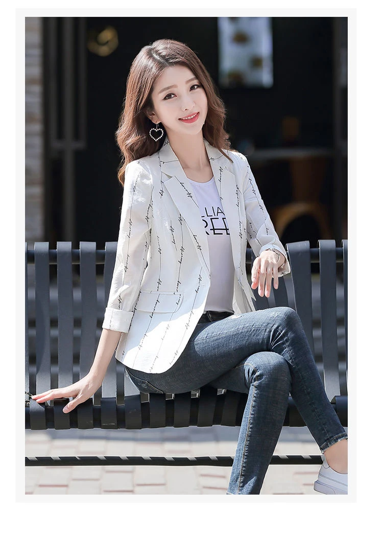 

2021 Spring Summer Striped Printed Suit Jacket Women's New Fashion Slim Three-Quarter Sleeves One-Button