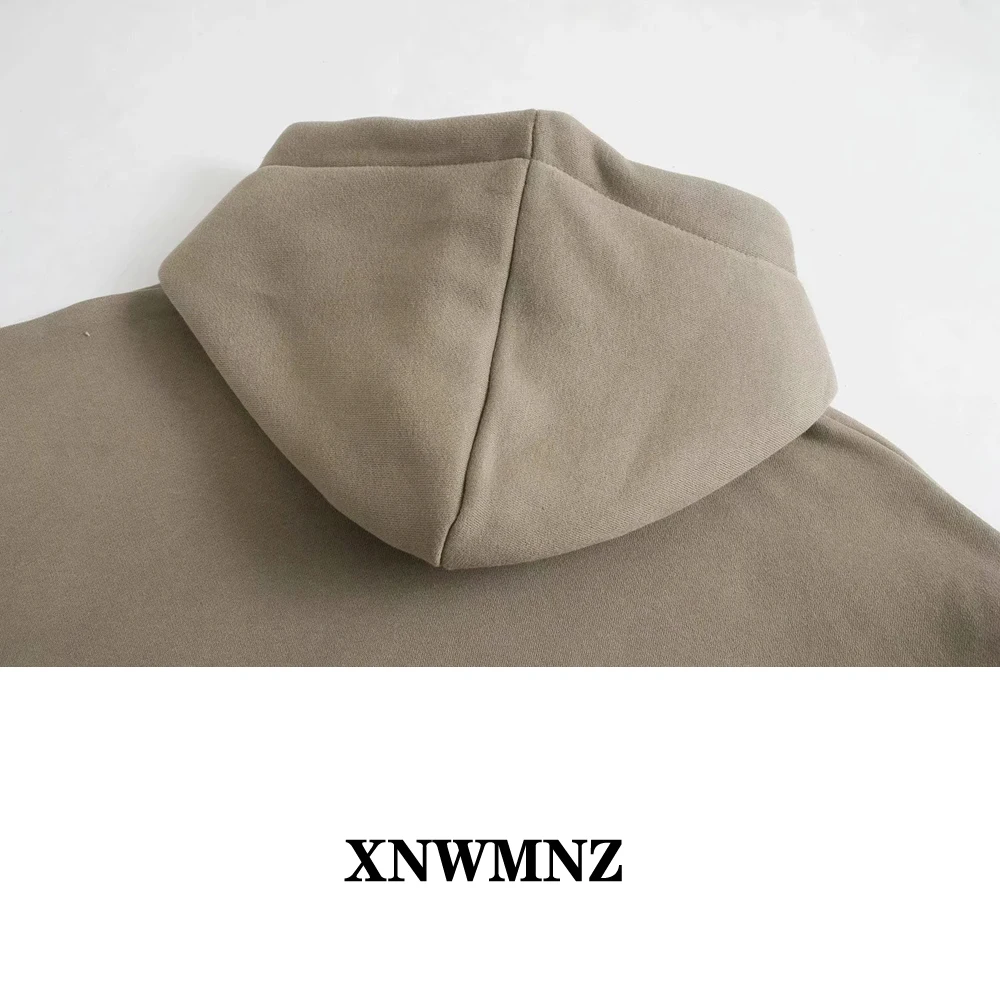 

XNWMNZ Za Fashion oversized hoodie Women vintage long sleeve pocket Hoodie with an adjustable drawstring hood chic ribbed trims