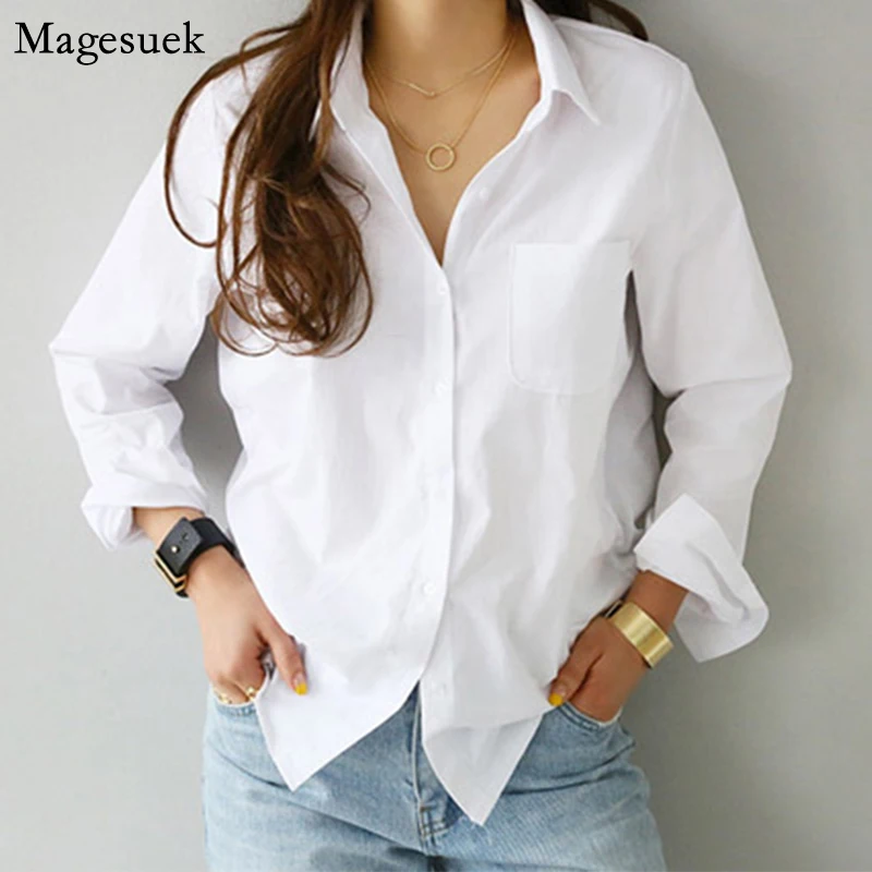 New Long Sleeve Ladies Tops Blouses Plus Size Button Casual Cotton White Shirt Women Turn-down Collar Loose Blouse 3496 | Женская одежда