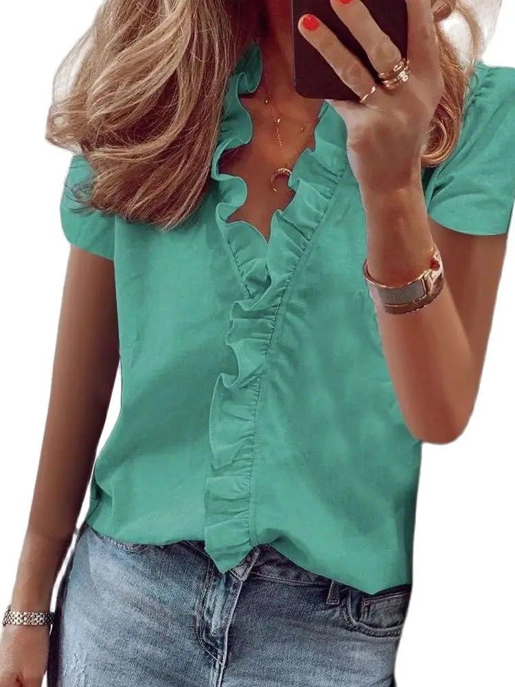 

Женская Повседневная рубашка с коротким рукавом и воротником в виде листьев лотоса, лето 2021