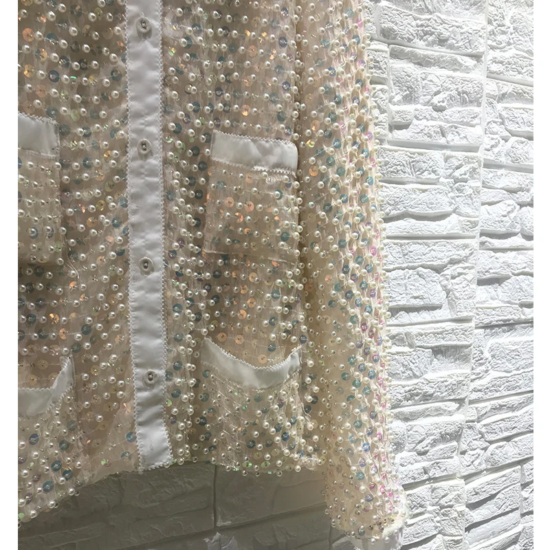 

AELESEEN Luxury Fashion White Coat Autumn Winter Long Sleeve Runway New Office Ladies Outwear Pearls Sequined Embroidery Jacket