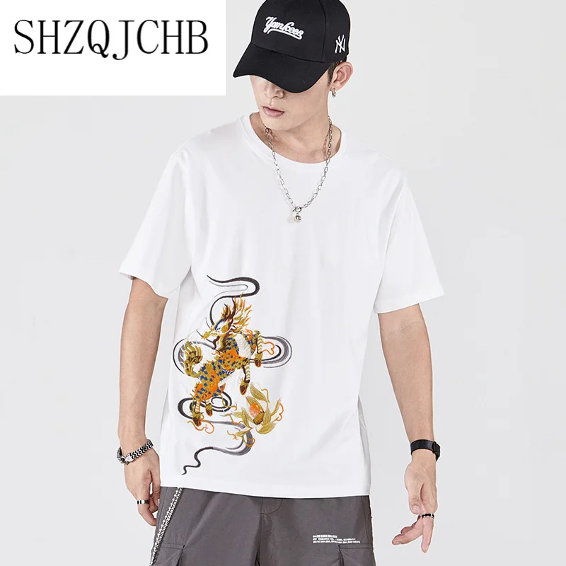 

Chinese 2021 fashion summer new large size cotton round neck unicorn embroidery men loose half sleeve short sleeve t-shirt men