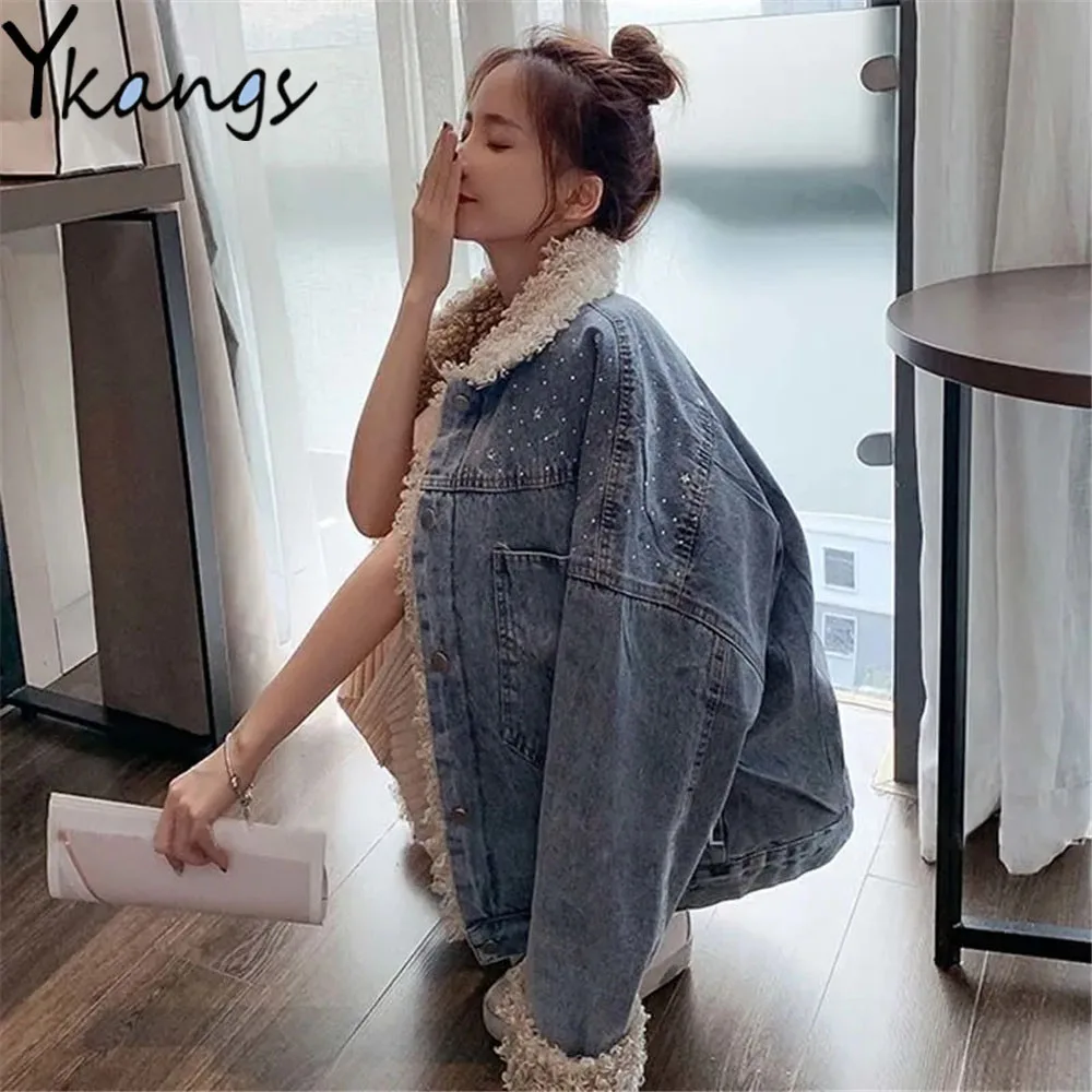 

Star Sequins Shiny Faux Teddy Fur Stitching Velvet Lined Denim Coats Thick Women Luxury Autumn Winter Warm Quilted Jean Jackets