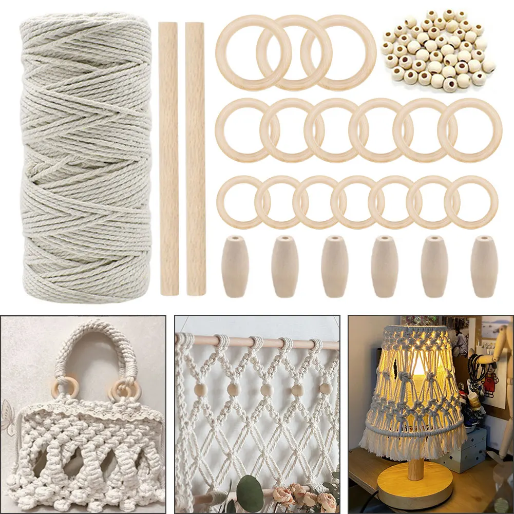 

Natural Cotton Wood circle Teether Crafts Plant Hanger Macrame Kit Cord Stick Beads DIY Rope Wall Hanging Braided Knitting decor