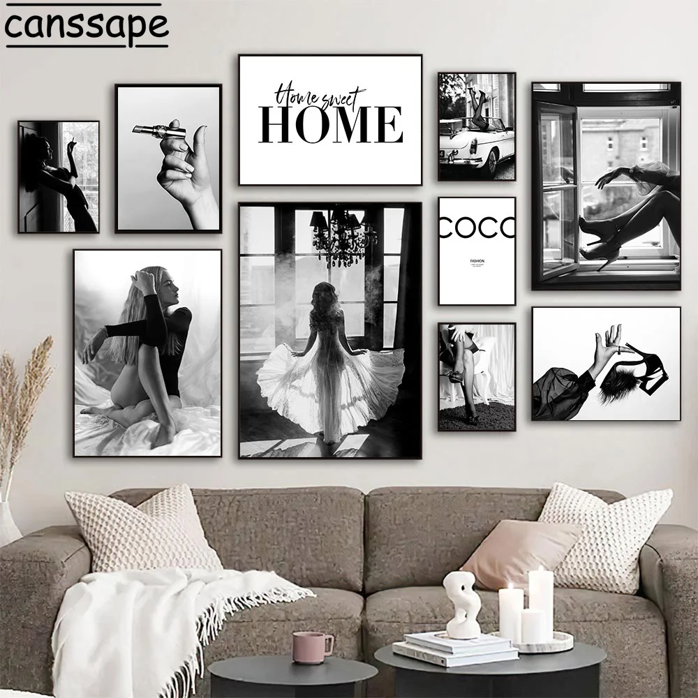 

Черно-белые модные картины на стену, элегантные женские постеры, чулки, высокий каблук, принты, скандинавские картины, декор для гостиной