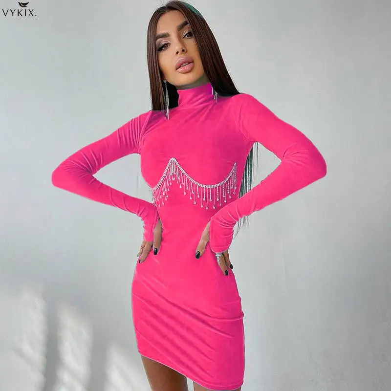 

Женское бархатное мини-платье составного кроя, облегающее платье с длинными рукавами и высоким воротником, привлекательная уличная одежда ...