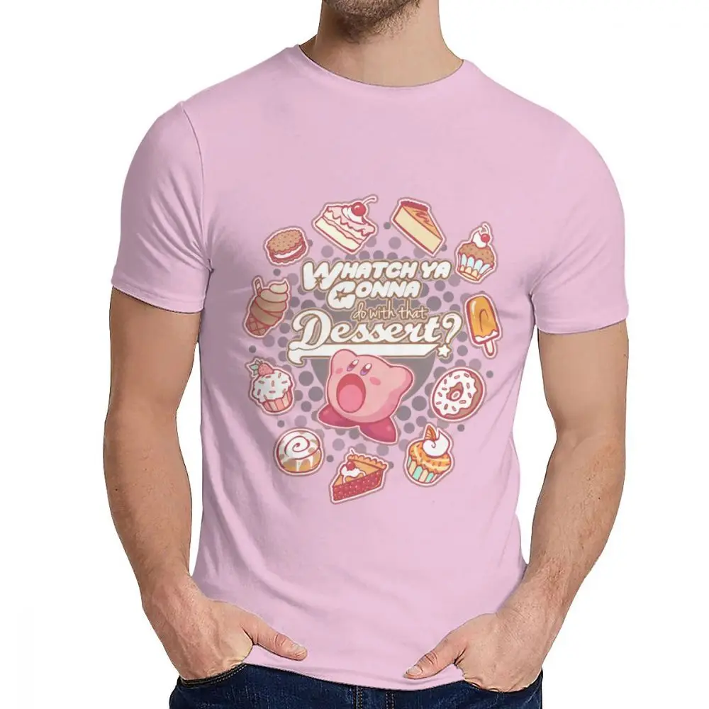 Футболка унисекс Kirby Whatch будет делать с десертом качество хлопка с круглым воротником для отдыха мультфильм дизайн La Camiseta - Цвет: Розовый