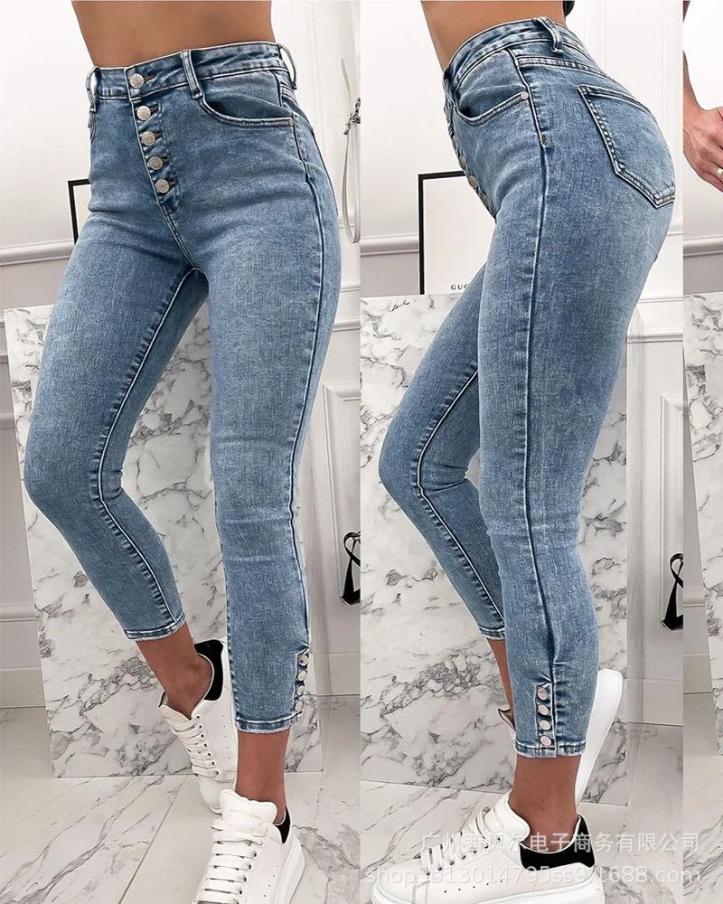 

Traf Women Pants Fashion Jeans Summer Casual Sheath Button Ankle-length Pants Button Zipper Femle Mujer De Moda Denim Trousers