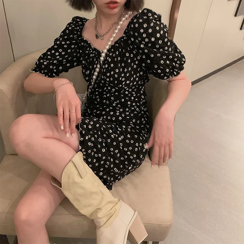 

French Vintage Dresses Summer 2021 Women Polka Dot Chiffon Elegant Mini Dress Female Casual Korean Puff Sleeve Party Beach Dress