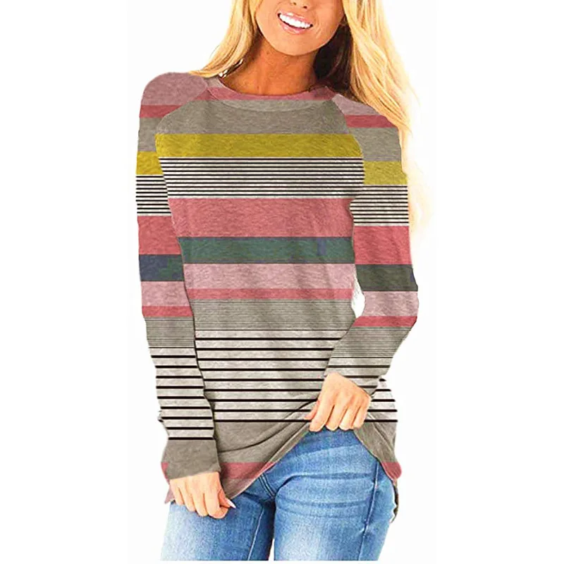 

Autumn 2021 new European and American long sleeves splicing casual stripe T shirt SK round collar loose jacket 1633