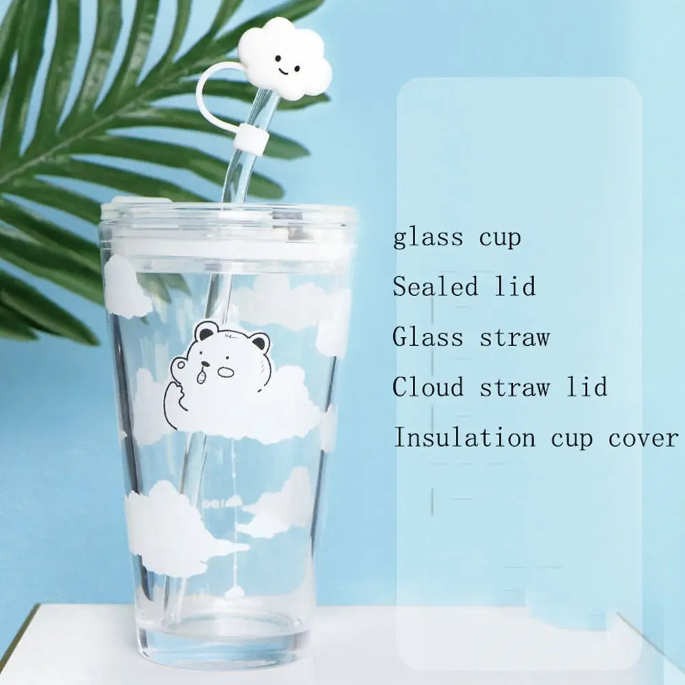 New Large Capacity Portable Cartoon Glass Cup Cloud Bear Glass Water Bottle Straw Cup