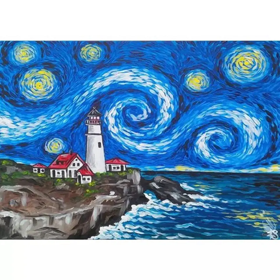 

5D DIY Diamond Painting Crossstitch Kit Mosaic Embroidery Custom "Oil by the Sea" 3D Full Circle Square Diamond Home Decor Gift