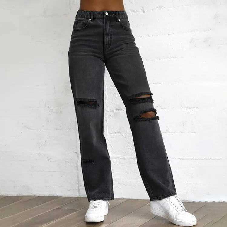 

2021 women's new jeans ripped holes are thinner women's denim trousers women's trousers baggy jeans women