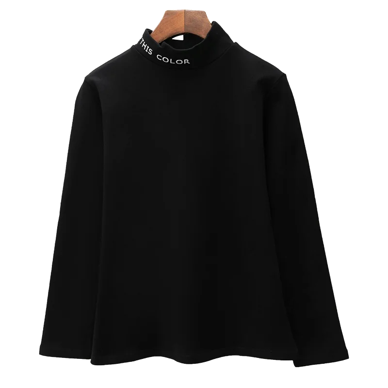 

Autumn and winter new letter turtleneck bottoming shirt retro harbor style inside black long sleeve t-shirt women's top