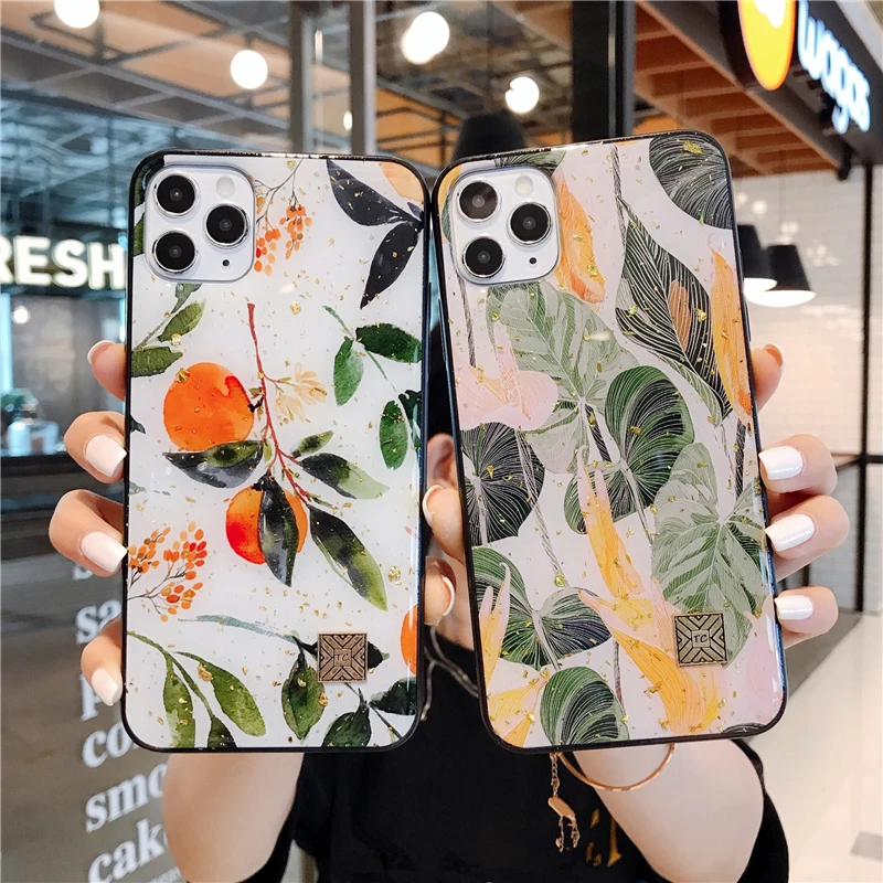 Luxury Gold Foil Fresh Leaf Flower Silicon Case For iPhone 14 13 12 11 Pro Xs Max Mini SE X XR 7 8 Plus Glitter Bling Soft Cover