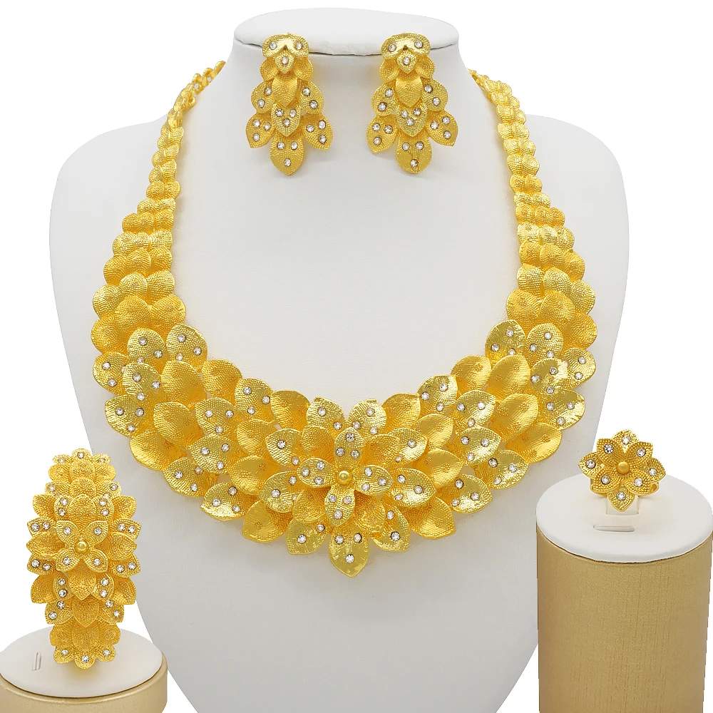 Conjuntos de joyas de Color dorado de Nigeria para mujer, collar de lujo, pendientes, pulsera, anillo, regalos de boda africanos de la India, conjunto de Etiopia