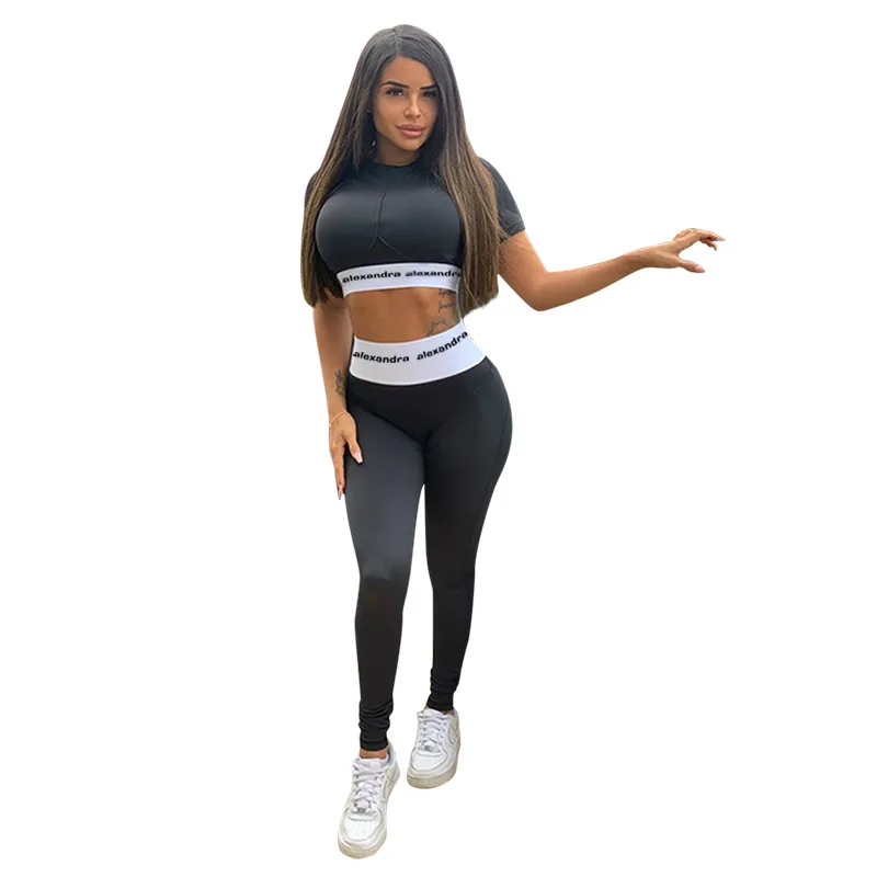 

Sexy Bodycon Solid Patchwork Woman 2 Piece Sets Short Sleeve O Neck Female Tops Elastic Wrap Streetwear Women Pants