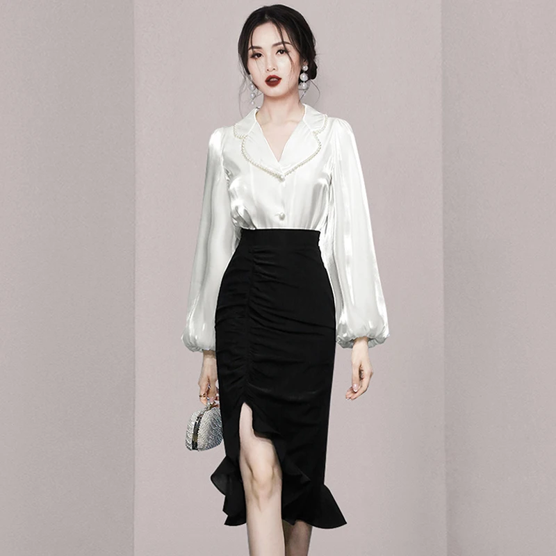 

Fashion 2022 Autumn Skirt Two Pieces Suit Women Designer Beading Lantern Sleeve Shirt Top+Elegant Split Ruffle Mermaid Skirt Set