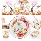 Сафари для лесной вечевечерние, розовое золото, цветы, олень, столовая посуда, дикая тема, девочка на 1-й день рождения, вечевечерние, сладкий лес джунглей 16 17 21