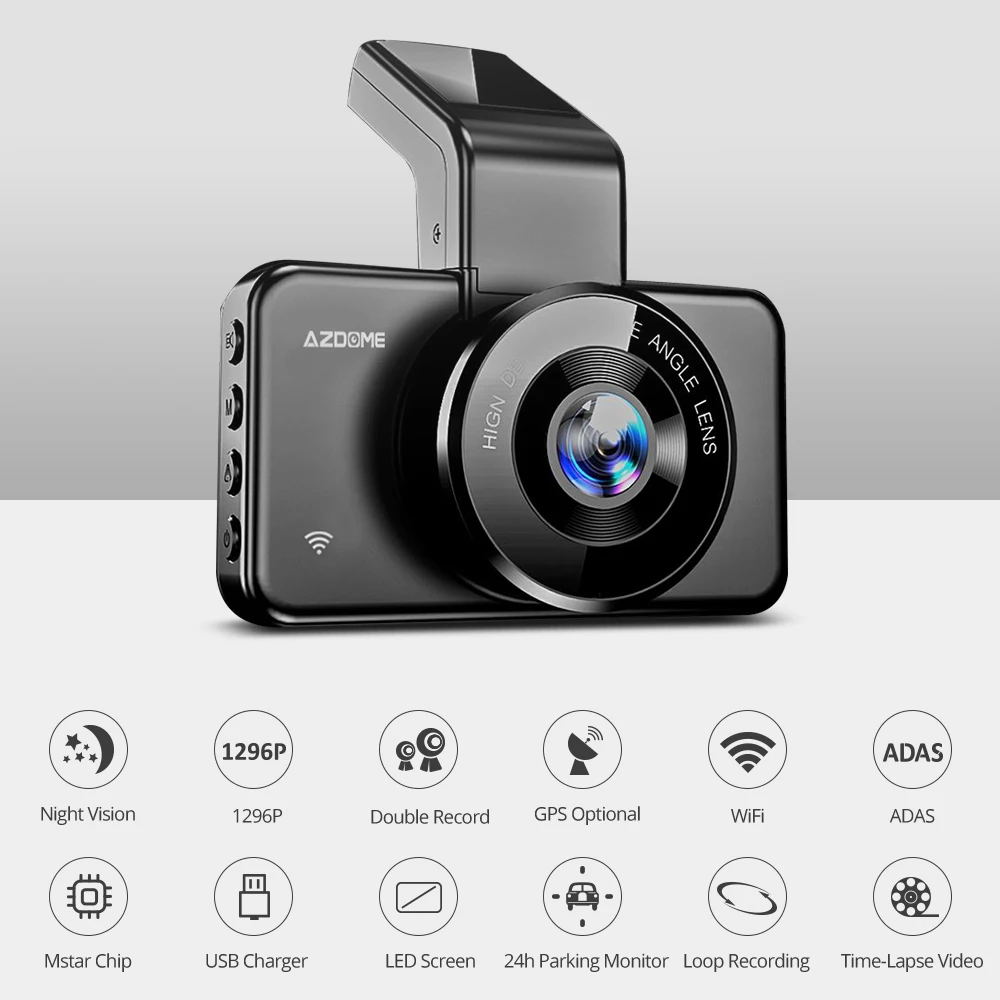 Видеорегистратор AZDOME M17 автомобильный экран 3 дюйма Wi-Fi ADAS FHD 1080P | Автомобили и
