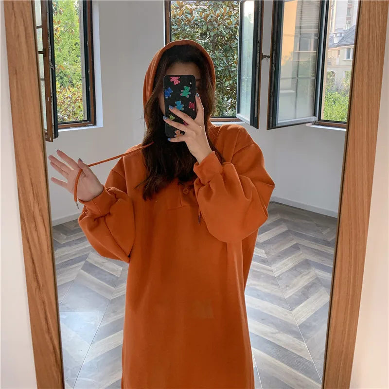 

Hoodies Women Long Style Sweatshirts Ins Fashion Solid Side-slit Harajuku Ladies Outerwear Thicker Spring Fall Female Clothing