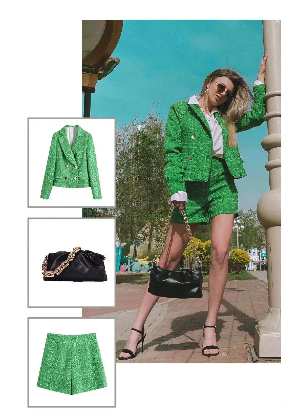 

Women's tweed suit bright green, suit of jacket and shorts, trend 2021 women's business suit