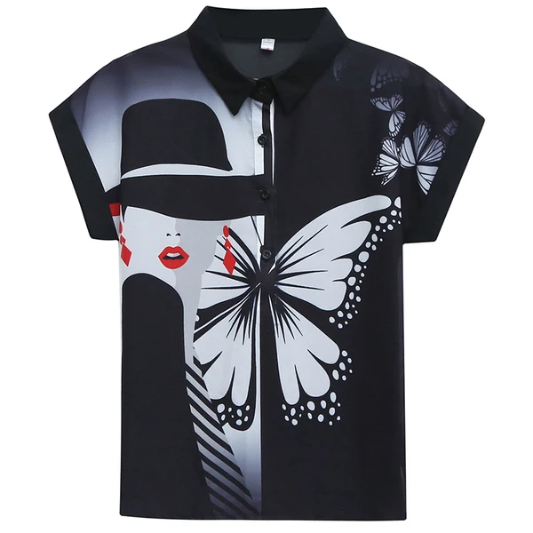 Блузка женская шифоновая с принтом рубашка коротким рукавом и отложным