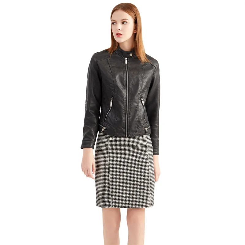 

Vintage faux leather coat women 2020 autumn winter water wash plus velvet long sleeve stand collar high quality pu jacket LD1266