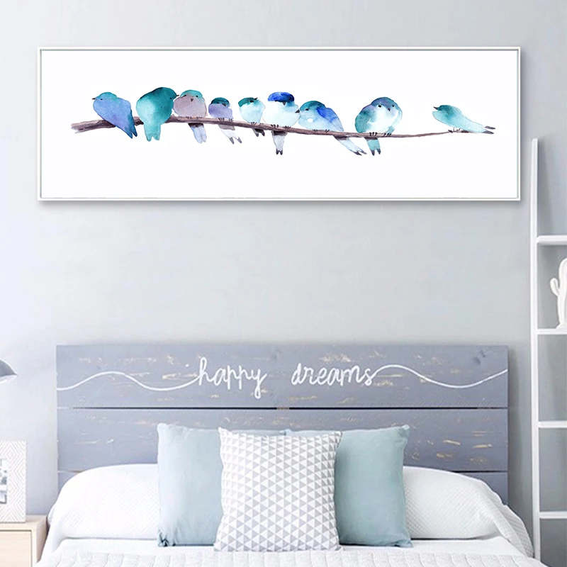 Акварельные животные синие птицы плакат минималистичное Искусство Холст