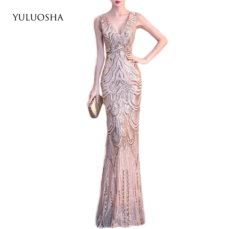 

YULUOSHA Evening Dress New Backless V-Neck Sequined Sleeveless Formal Dresses Evening Gown Vestido Largo Fiesta Noche Elegante