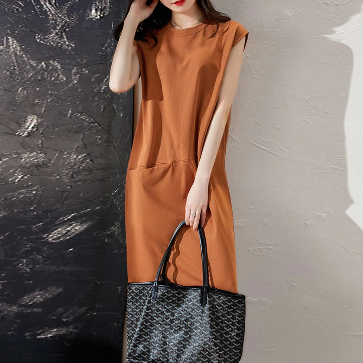 

Women Summer Large Dress Loose Slim Solid Color T-shirt Skirt