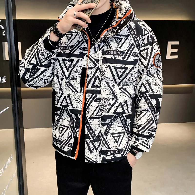 

2021 winter new men's Parka thickened warm stand collar slim jacket trend printed hip hop men's coat high quality men's coat