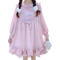 spring lolita kawaii chiffon dress women soft girls 2021 japan cute ruffle long sleeve casual sweet teens pink princess dresses