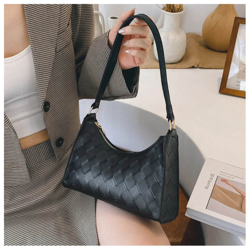 

Fashion Plaid Pattern Baguette Bags Woven PU Leather Shoulder Bags for Women 2021 Designer Luxury Handbag Female Travel Tote