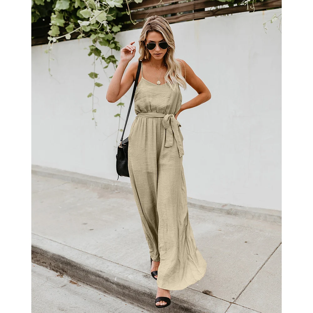 

CN Summer Fashion V Neck Solid Color Jumpsuit Women Sexy Spaghetti Jumpsuit Casual Wide Legs Women Jumpsuit