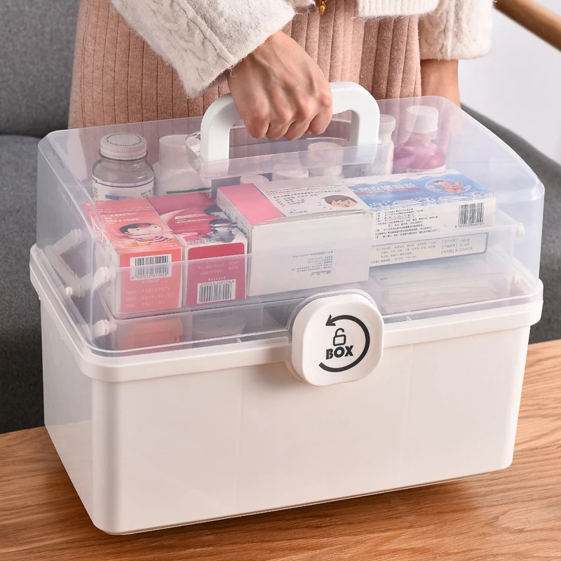 

3/2 Layer Portable First Aid Kit Storage Box Plastic Multi-Functional Family Emergency Kit Box with Handle New Arrival